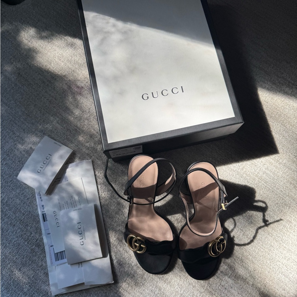 Gucci Black Leather Double G Ankle-Strap Heels